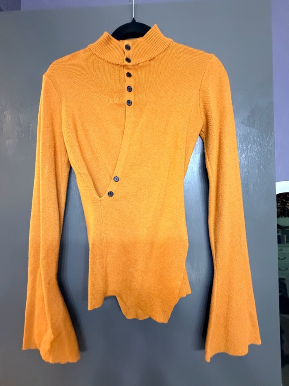 Women's Mustard Button-Accent Mock Neck Wrap Sweater